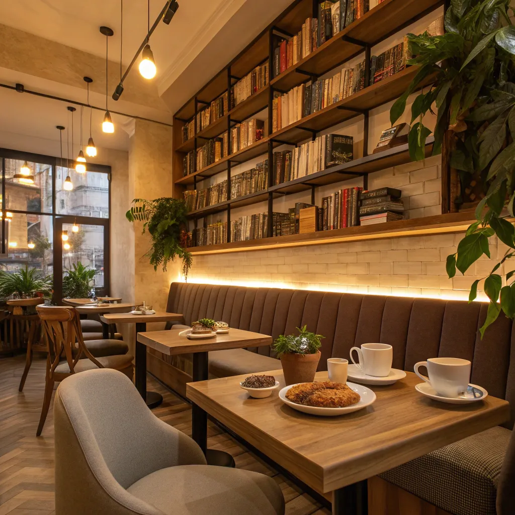 A cozy cafe interior with warm lighting